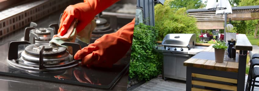 collage of gloved hands cleaning natural gas cooktop and outdoor natural gas grill area